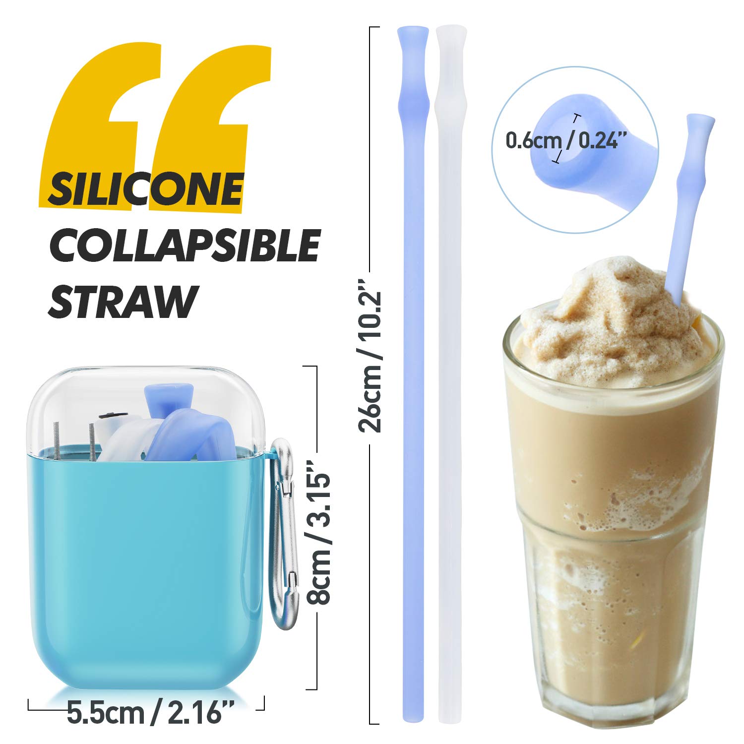 Reusable Collapsible Straws Folding Silicone Straws Food-Grade Drinking Straws - 2 Sets(4 Straws) (Blue)