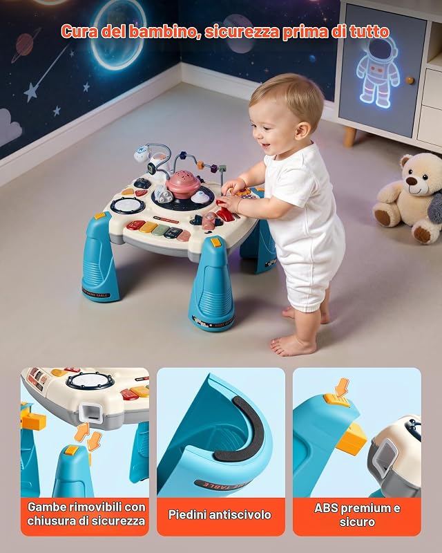 Tavolo Attività Giocattoli per Bambini 12 Giochi, con Modalità Pianoforte e Pulsante Percussioni, Scrivania per Attività a Forma di Astronave con Oltre 60 Sorgenti Sonore, Regalo di Compleanno