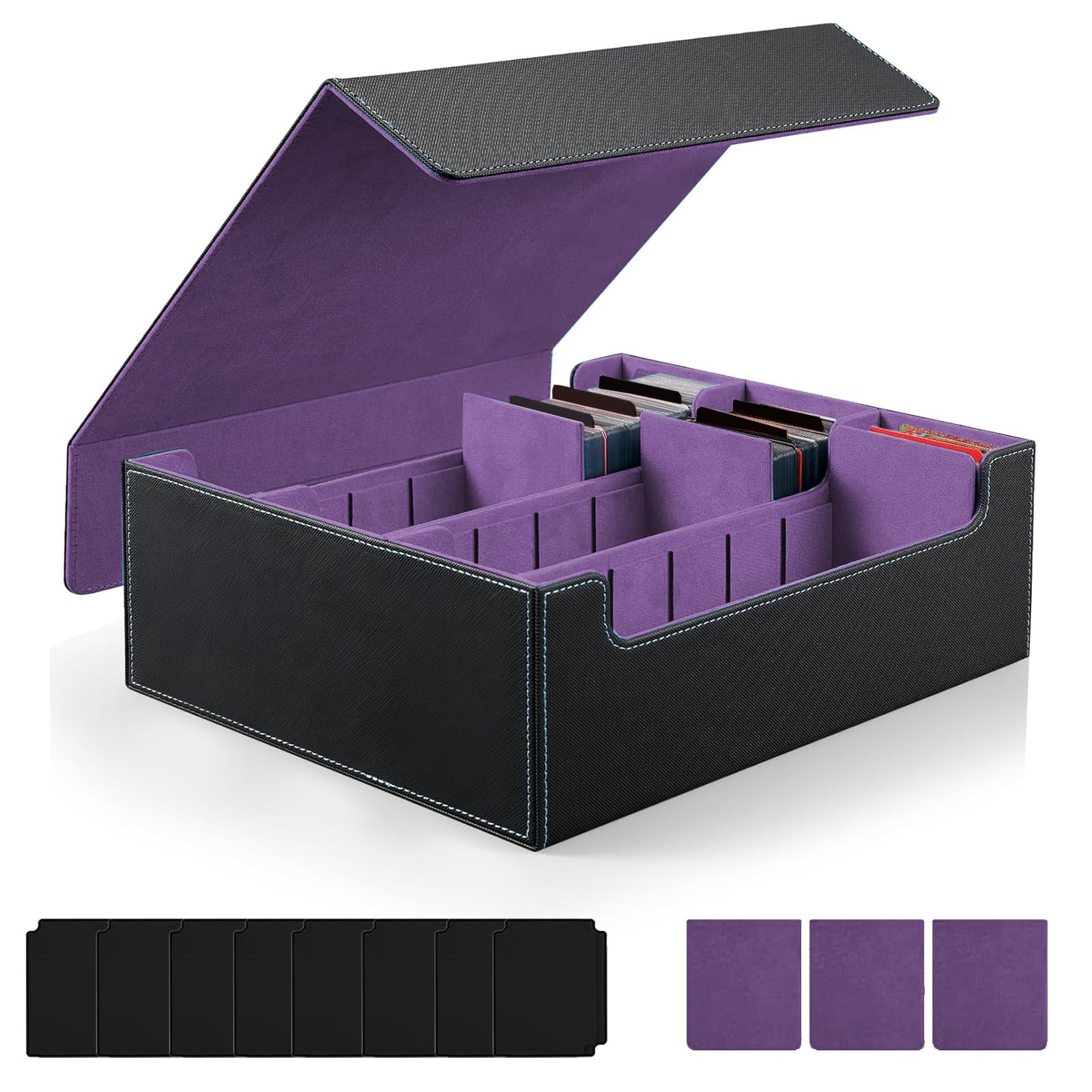 LZEXIN Card Deck Box with Adjustable Rows Size, MTG Deck Storage Box Holds 2400+ Cards, PU Leather Commander Card Collection Box with Magnetic Closure for MTG, YuGiOh, TCG(C-Purple)