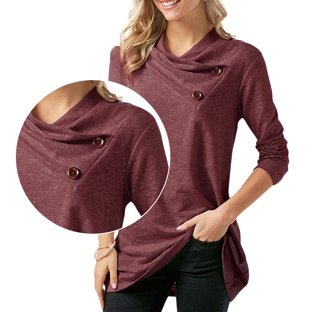 Poplover Womens Long Sleeve Cowl Neck Tunic Loose Fit Tops Button Wine Red Large