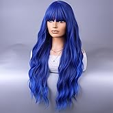 BERON Blue Long Wigs Curly Wavy Women Wigs with Bangs Dark Blue Heat Resistant Synthetic Wigs for Cosplay or Daily Wigs Wig Cap Included
