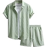 GORGLITTER Men's 2 Piece Outfits Waffle Knit Button Down Shirt Top and Shorts Set