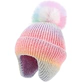 Kids Beanie with Ear Flaps for Boys Girls Pom Knit Hats Fleece Lining Winter Outdoor Skull Snow Ski Cap Age 2-10