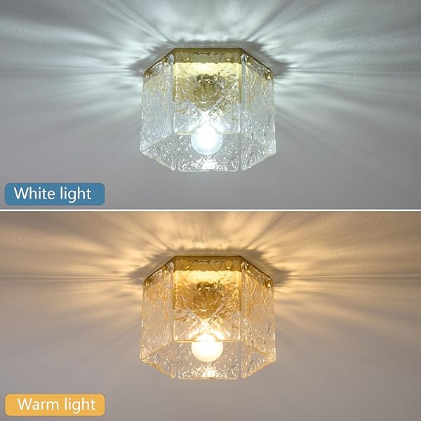 MWZ 1 PACK MODERN GOLD SEMI FLUSH MOUNT CEILING LIGHT FIXTURE WITH HAMMERED GLASS SHADE, 1-LIGHT 10” FARMHOUSE DIMMABLE FLUSH MOUNT LAMP WITH HEXAGONAL METAL CHASSIS FOR KITCHEN ISLAND LAUNDRY