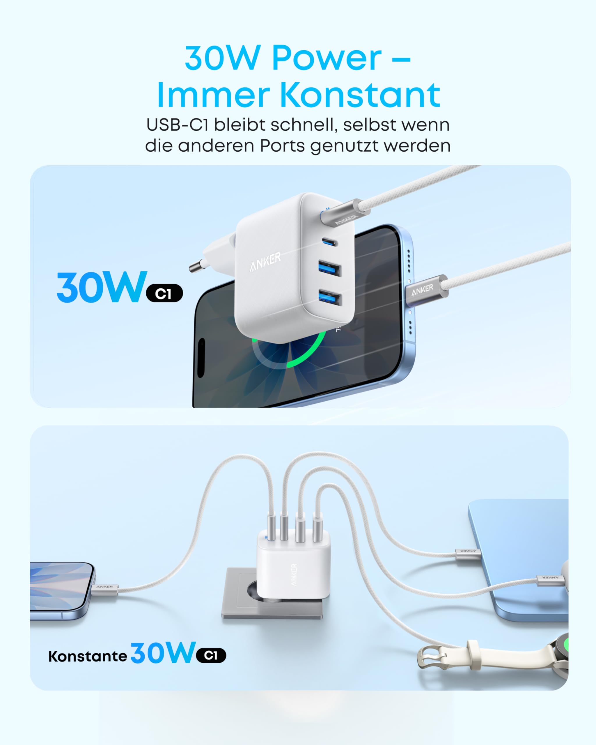 Anker Zolo 50W USB C Ladegerät, 4-Port Netzteil mit 2 USB-C und 2 USB-A, Kompaktes Schnellladegerät Für iPhone 17 Pro Max/16/15/14/13-Serie, iPad, Pixel, Galaxy, MacBook (ohne Kabel) 3