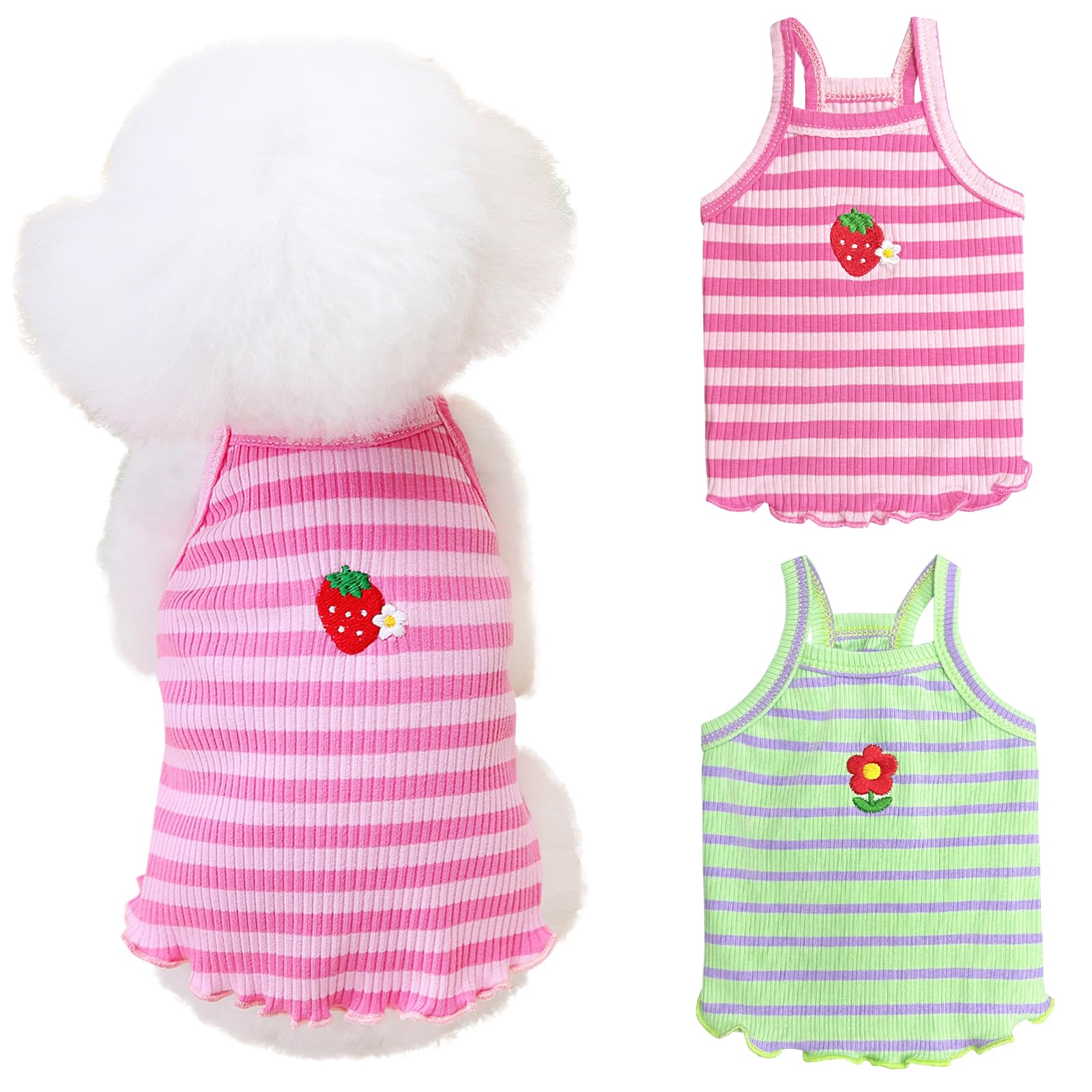 Yaopelky 2 Pieces Small Medium Dogs Summer Clothes Dog Striped Shirt Cute Flower Strawberry Embroidery Vest Pet Outfit for Chihuahua Yorkie Teddy (Pink-Green, XL)