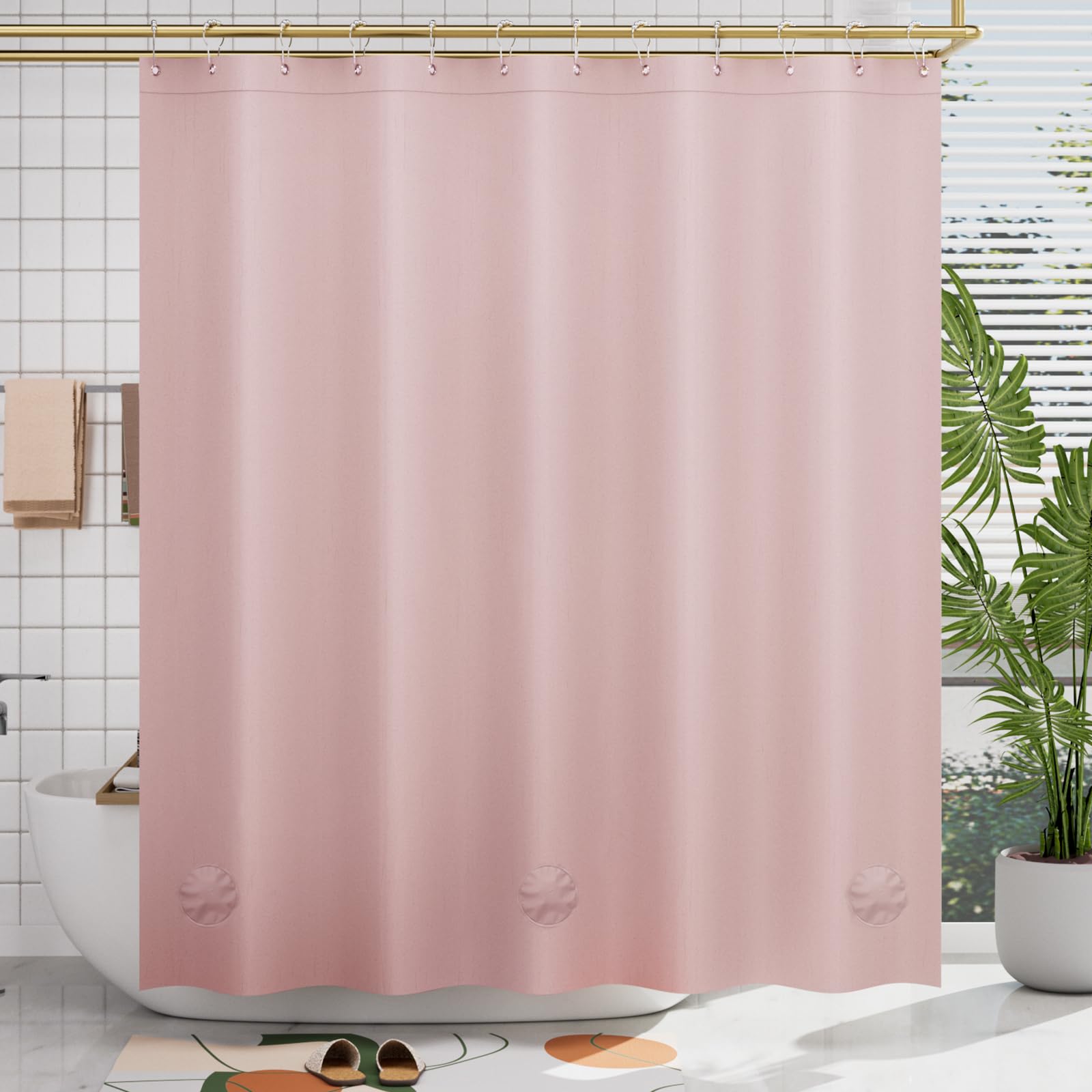 AmazerBath Plastic Shower Curtain, 72 x 78 Inches PEVA Shower Curtain with Heavy Duty Clear Stones and Grommet Holes, Waterproof Thick Bathroom Plastic Shower Curtains-Pink