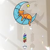 MALFIRST Orange Cat Suncatcher – Cute Orange Cats Hanging on Crescent Moon – Tabby Cat Gifts for Women, Home Window or Garden Decor