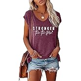 BLACKMYTH Women's Graphic Tees V-Neck Stronger Cap Sleeve T-Shirts