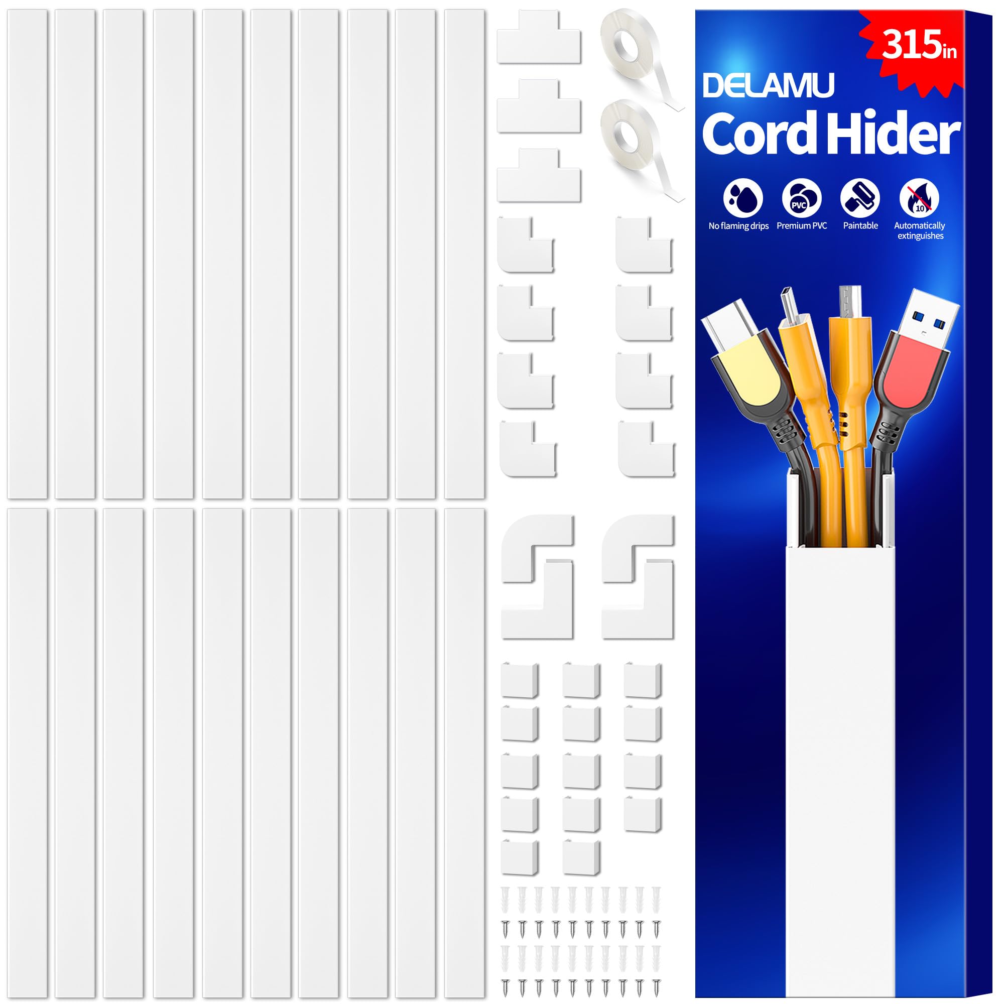 Photo 1 of Delamu TV Cord Hider, 315in Wire Covers for 3-4 Cords on Wall, Large Cable Hider Cord Covers for Wires, Cable Management Wire Hiders for TV for Wall, L15.7X W1.18x H0.6in, White