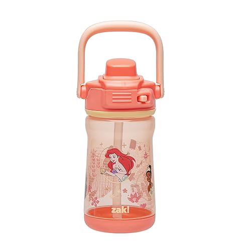 Zak Designs Disney Princess Beacon Kid Water Bottle for Travel, 12oz Plastic is Durable and Leak-Proof with Liquid Lock Spout, Carry Handle, Protective Base (Ariel, Cinderella, Moana, Rapunzel, Tiana)