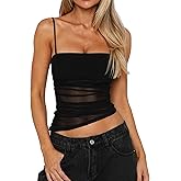 Mizoci Women's Sexy Spaghetti Straps Mesh Asymmetrical Ruched Sleeveless Going Out Camisole Crop Top