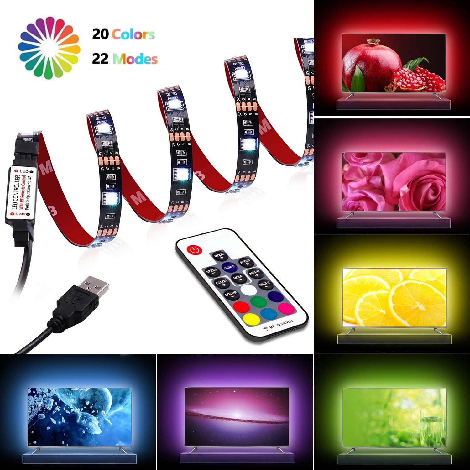 Toodour LED Strip Lights, 6.56ft 60 LED TV Backlights for 40-60in TV, USB 5050 RGB LED TV Light Strip with Remote 22 Colors Changing Bias Lighting for HDTV, Computer, Christmas Decorations