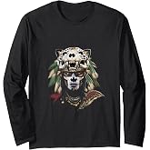Aztec Jaguar Warrior Skull Headdress Ancestral Art Long Sleeve T-Shirt