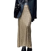 JUMISEE Women’s Silver Sequin Midi Skirt Stretchy High Waist Long Skirt Glitter Pencil Skirt for Night Out Party