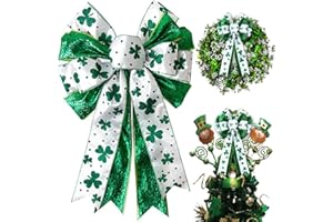 HONGSOME St Patricks Day Bow for Wreath Decorations,11.4 * 19.6in Large White Green Glitter Shamrock Bowknot Irish Holiday Crafts Bows for Tree Topper Front Door Outdoor Outside