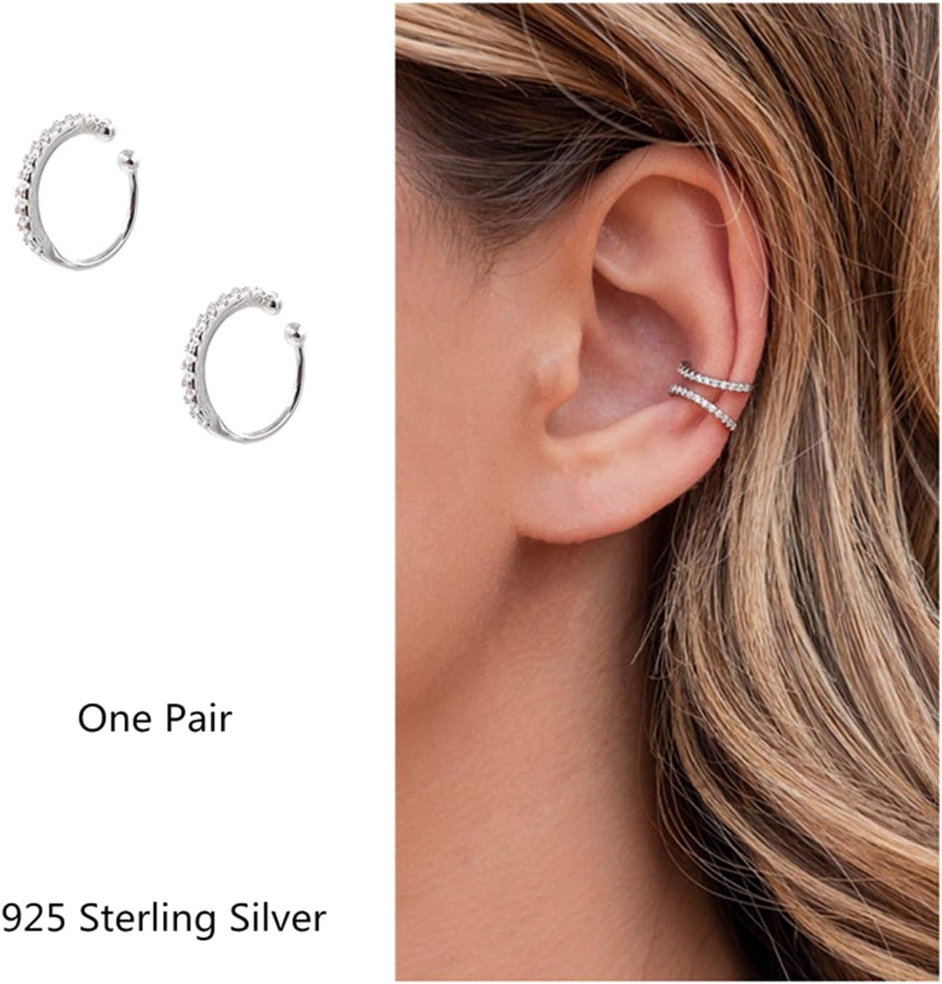 Fake Hoop Earrings CZ Cubic Zirconia Cartilage Earring 925 Sterling Silver Earrings Ear Cuff Huggie Dainty Minimal Conch Piercing Non Pierced Ear Pods Clip on Earrings for Women Girls