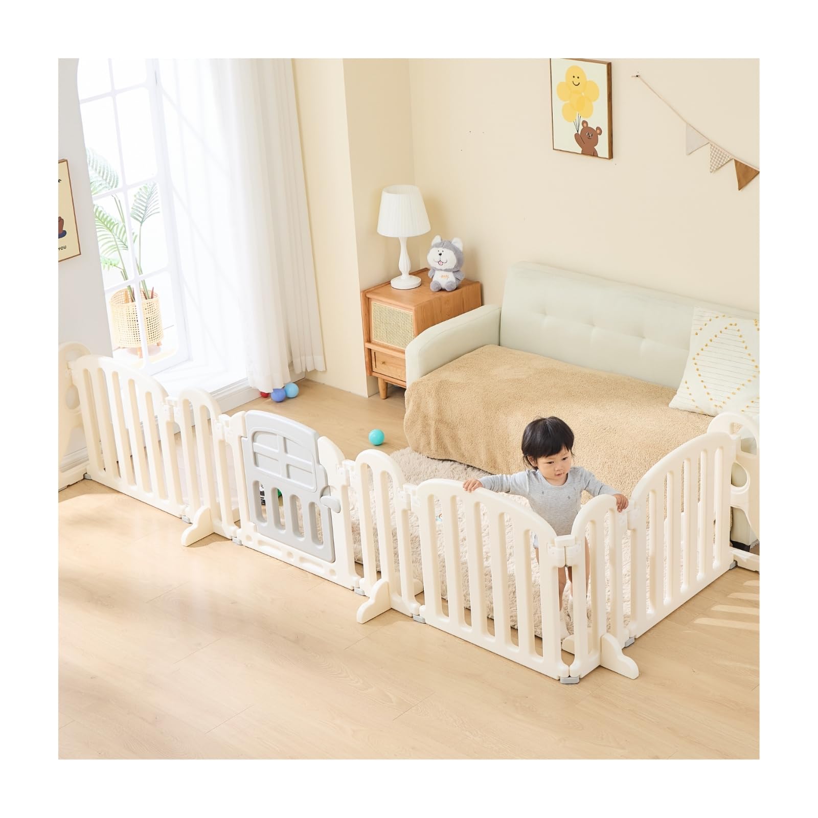 ＧＵ ＭＯＤＥ ベビーゲート 置くだけ ベビーサークル キッズパーテーション ベビーフェンス ペットゲート 簡単設置 折りたたみ ロングパネル おしゃれ (グレー・ベージュ, 幅260cm)商品画像