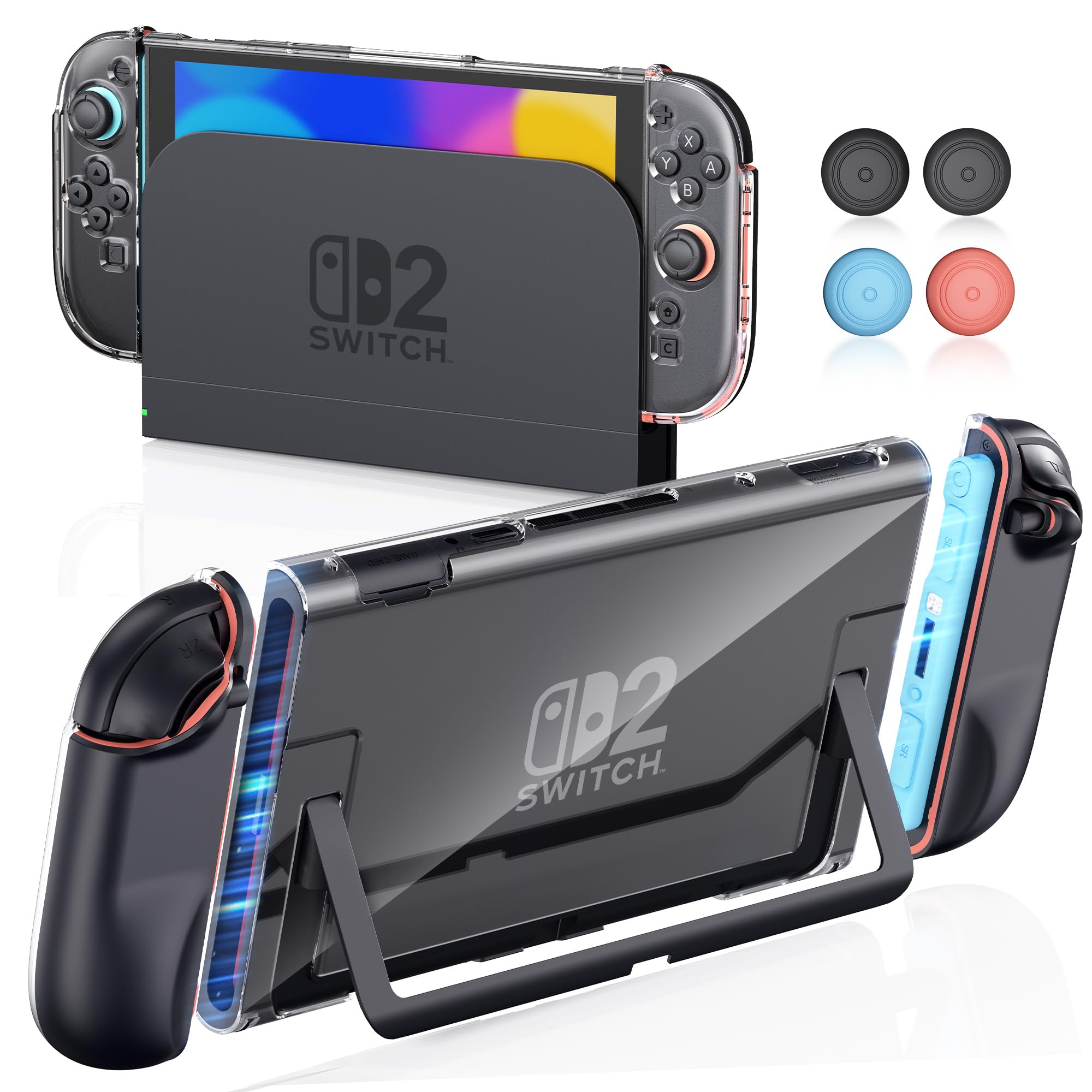 STARTRC GAMES Dockable Case for Nintendo Switch 2 2025, Clear PC Protective Cover for Switch 2 Console, Hard TPU Grip Case with 4 Thumb Grip Caps for Joy-Con Controller