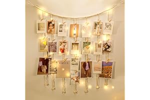 KLOGTSIND Macrame Hanging Photo Display Boho Wall Decor, Picture Christmas Card Holder with String Lights, Photo Hanger with 50 Clips for Room, Dorm, Nursery, Home Decor, Teenage Teen Girl Gifts
