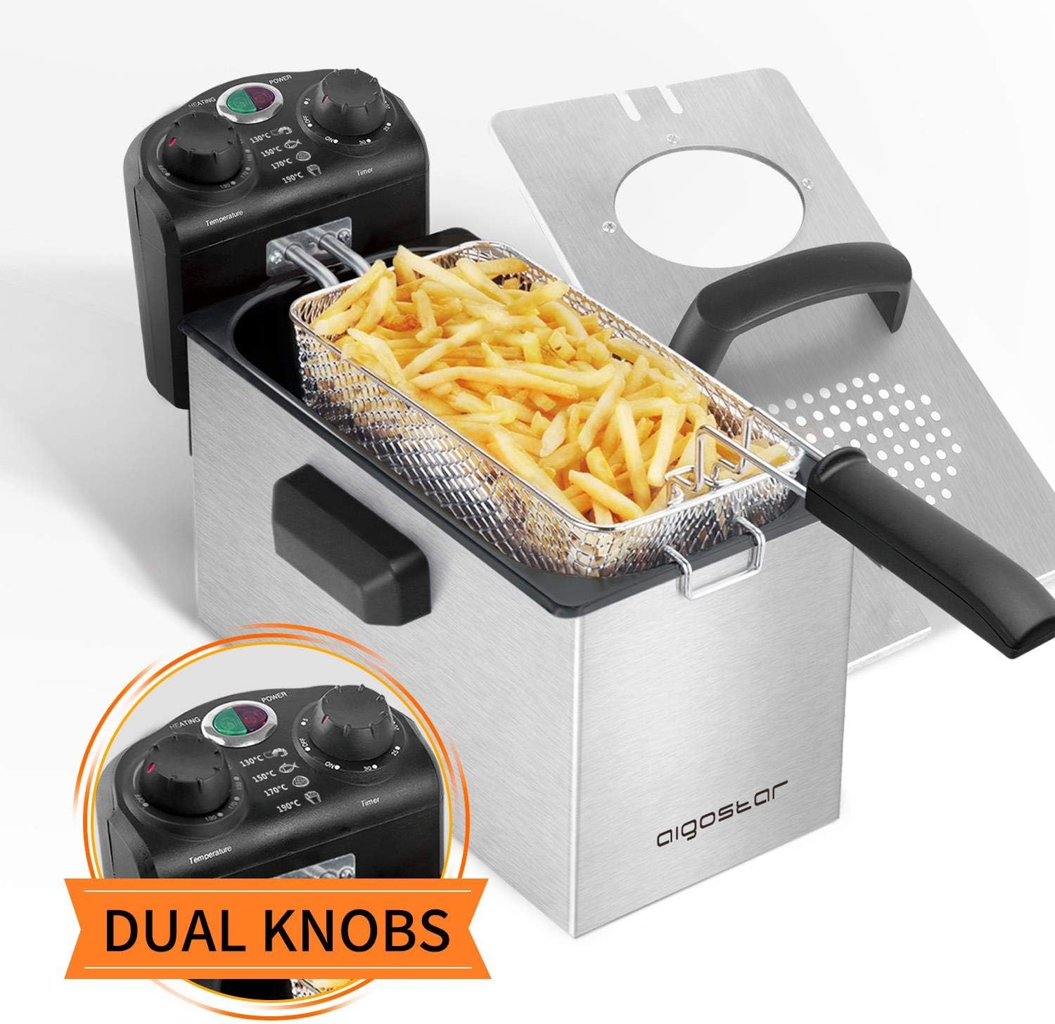 AIGOSTAR Deep Fat Fryer withDual knobs of Timer & Temperature knob