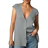 Saodimallsu Womens Deep V Neck Sweater Vest Sleeveless Knit Button Up Loose Fit Cap Sleeve Trendy Summer Tops