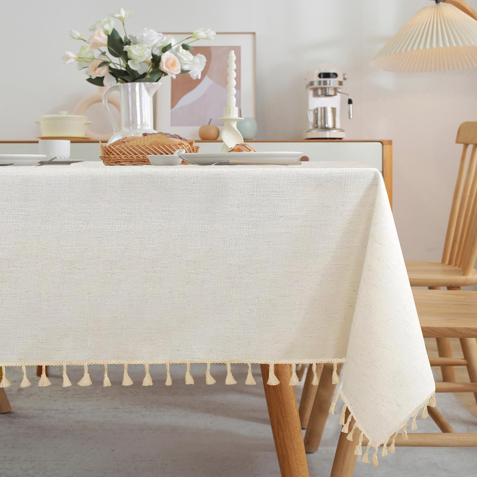 Photo 1 of JIALE Textured Tablecloths, Heavy Duty Cotton Linen Farmhouse Table Cloth Rectangle Table, Waterproof Wrinkle-Free Rectangle Tablecloth for Kitchen, Dining, Parties, 55"x75", Ivory