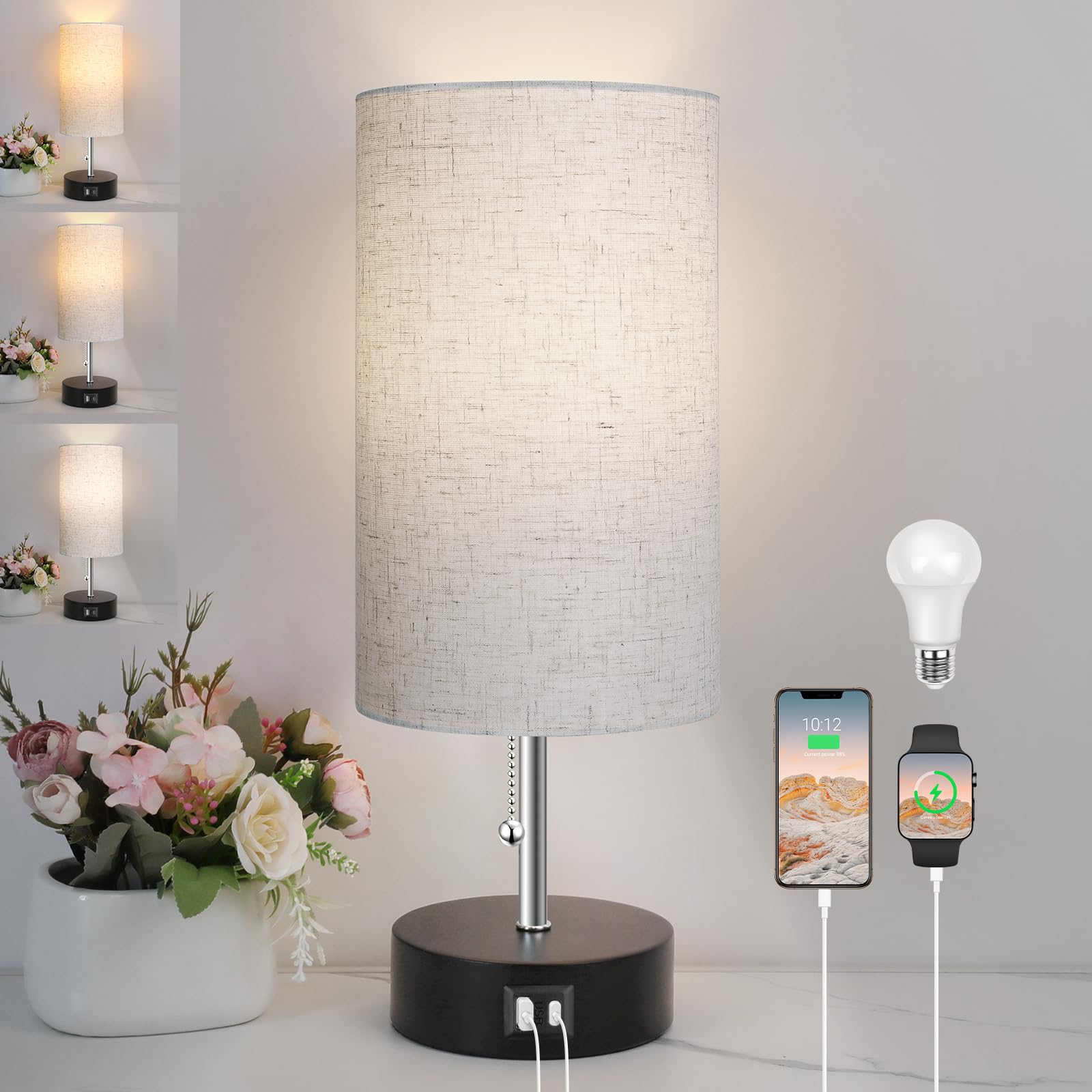 Photo 1 of ROTTOGOON 3-Color Temperature Bedside Lamp Nightstand Lamp with USB A Port and C Port, Table Lamp for Bedroom with LED Bulb Small Lamps for Living Room (Otmeal)