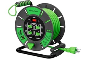 ISLEWIRE 60 FT Retractable Extension Cord Reel, 14AWG SJTOW Heavy Duty Power Cord with 4 Grounded Outlets, USB-A & USB-C Ports, 13A Circuit Breaker, Hand Crank for Indoor Outdoor Use, ETL Listed, Green
