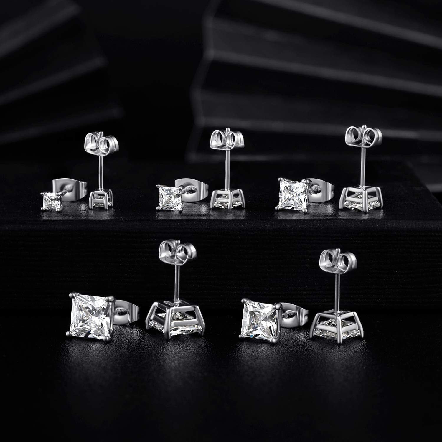 MDFUN 18K White Gold Plated Princess Cut Clear Cubic Zirconia Stud Earring Pack of 5 Pairs: Jewelry