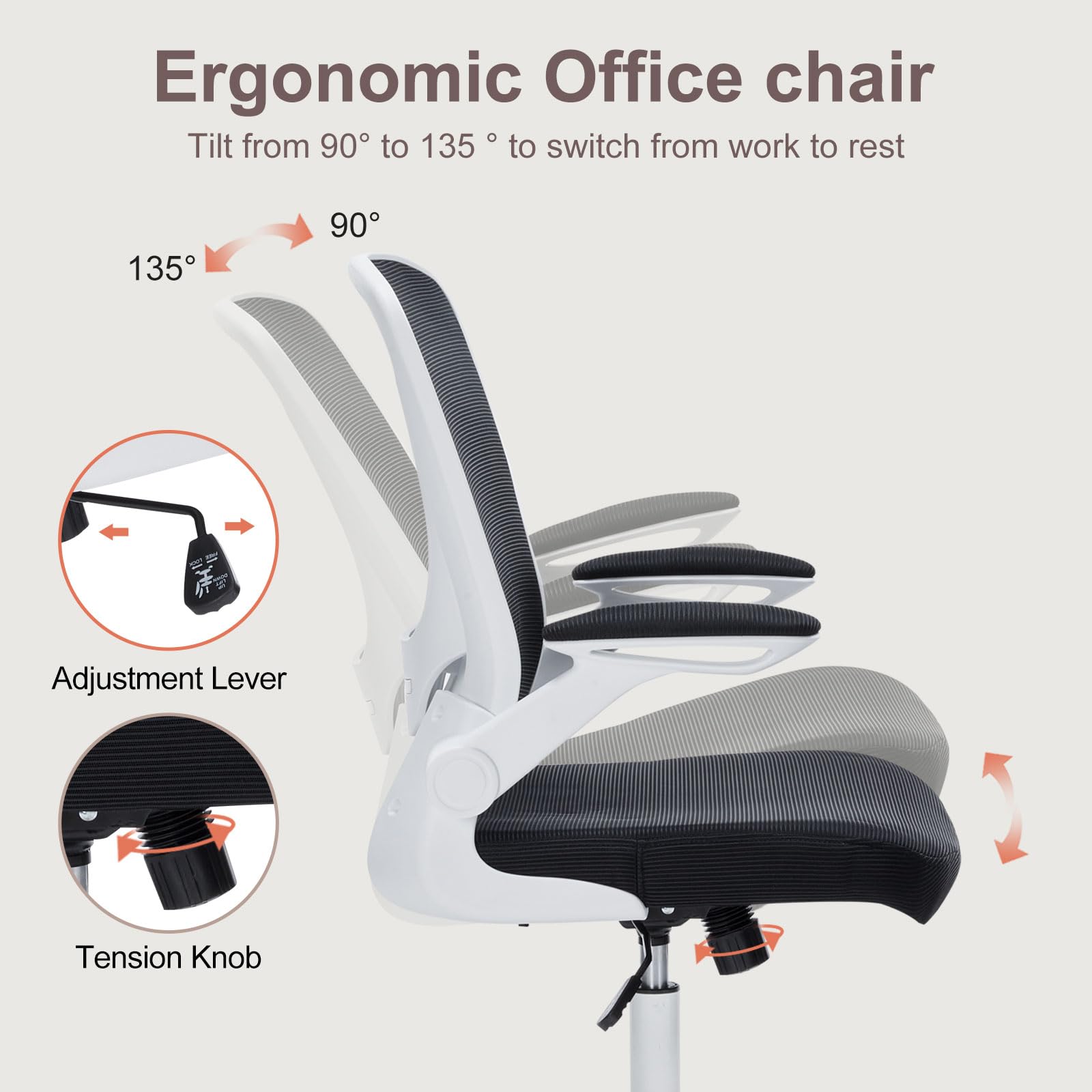 Mesh Office Chair Ergonomic Desk Chair with Adjustable Lumbar Support and Flip-up Arm Rocking Comfy Swivel Computer Task Chair for Home Office - Image 6