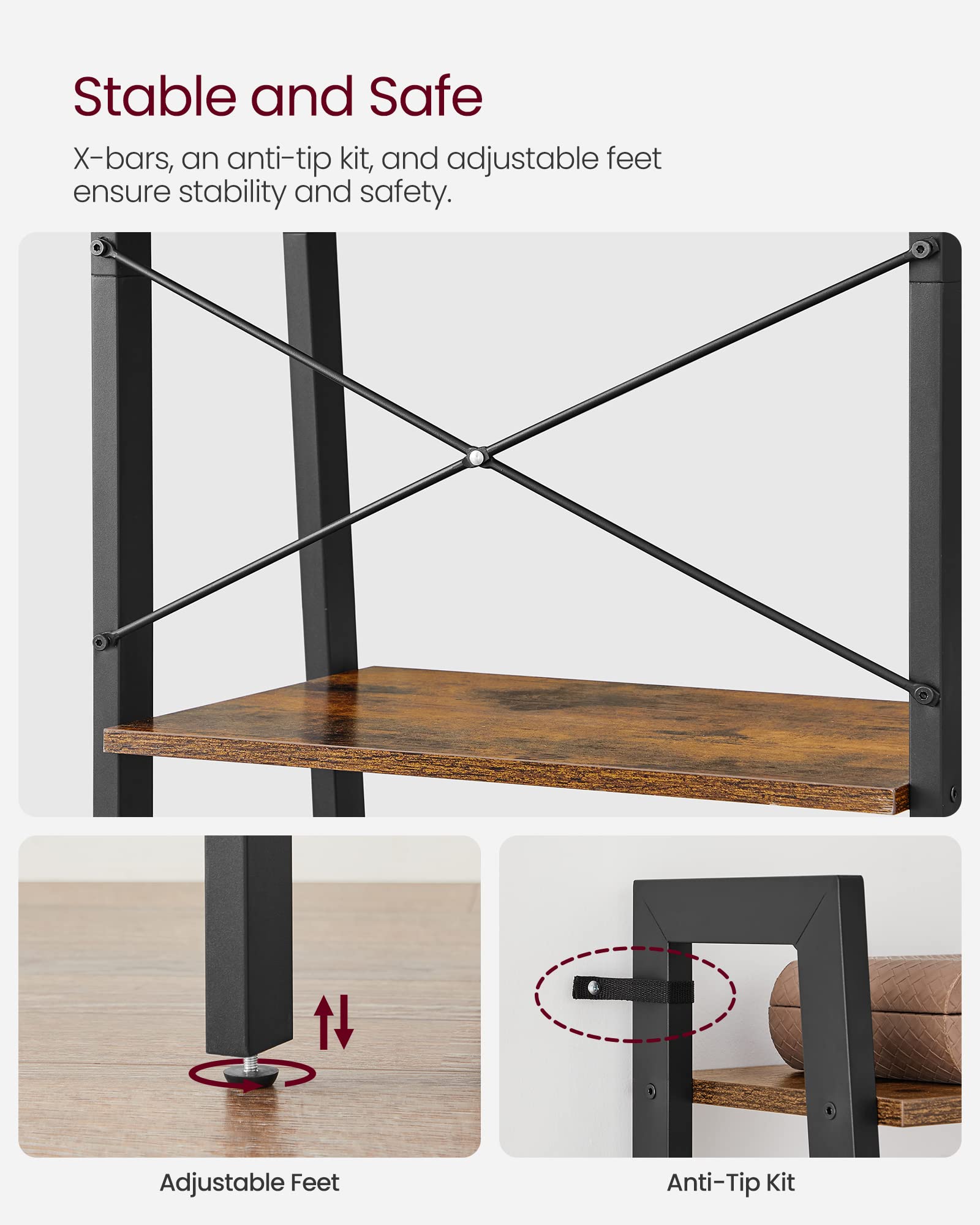 VASAGLE Ladder Shelf, 5-Tier Bookshelf, Storage Rack, Bookcase with Steel Frame, for Living Room, Home Office, Kitchen, Bedroom, Industrial Style, Rustic Brown and Ink Black ULLS45X