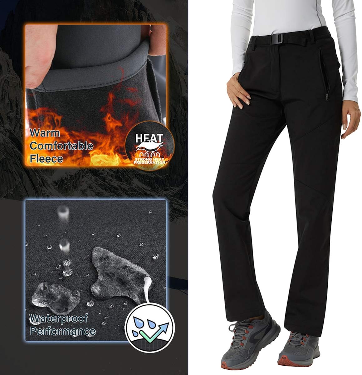 Softshell Trousers Womens Winter Fleece Lined Trousers Waterproof Hiking Pants Outdoor Camping Trouser, Black, XL - Image 5