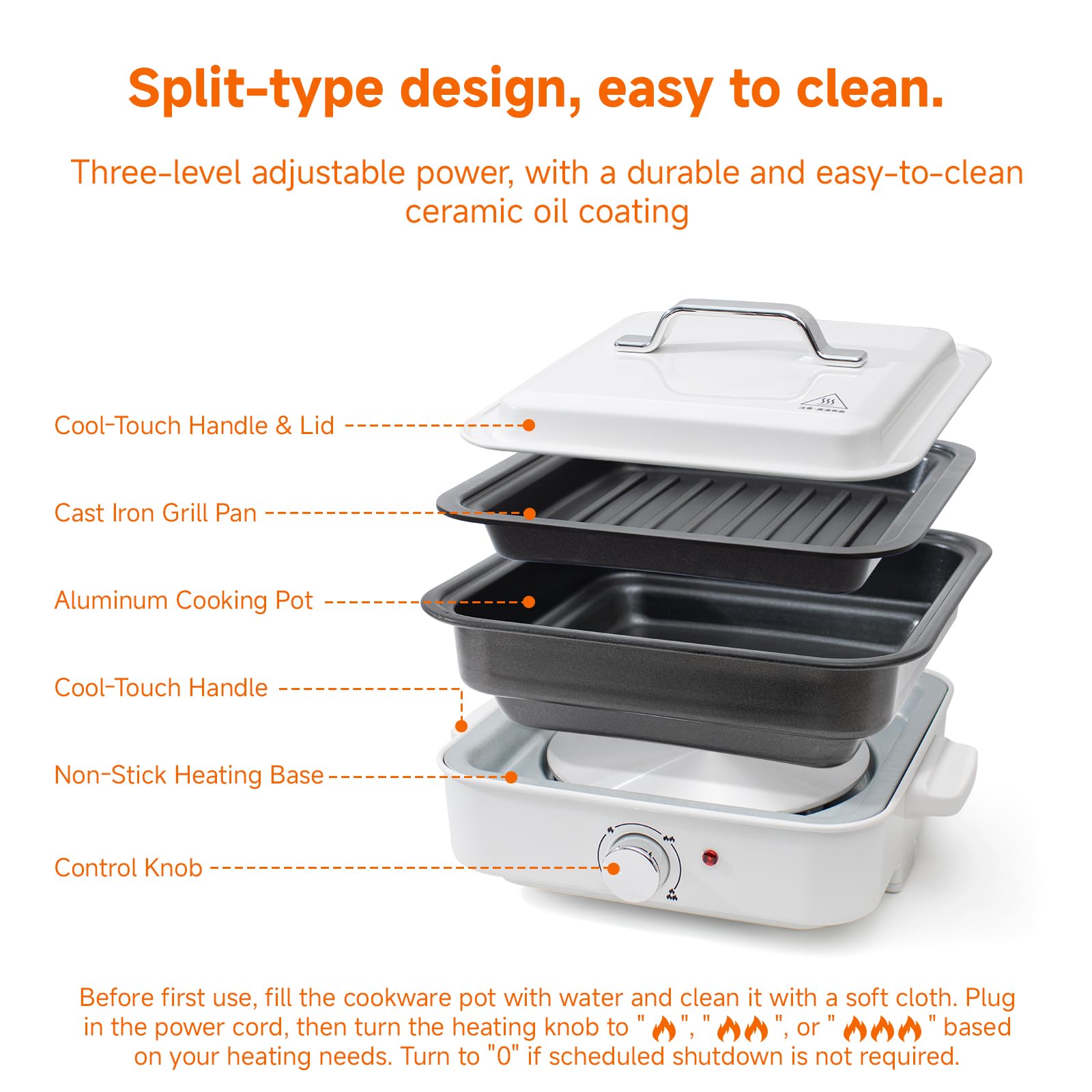 2-in-1 Electric Hot Pot, 4L Non-Stick Portable Shabu Pot with Grill Pan & Removable Pot, Non-stick Ceramic Oil Coating, Multi-Power Control 400W/1200W Non-Stick Pot for Dorm, Office, Apartment, White