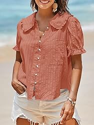 Tankaneo Womens Puff Sleeve Shirts Peter Pan Collar