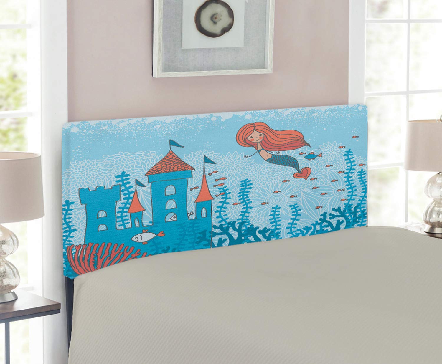 Ambesonne Mermaid Headboard For Queen Size Bed Art Of Little Mermaid Under The Sea In Corals With Castle And Little Fish Print Upholstered