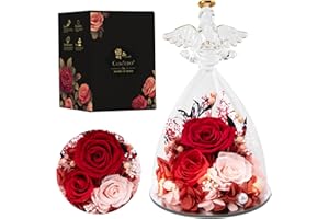 Casaido Christmas Rose Gifts for Women, 7" Red Preserved Roses Flowers in Glass Angel Figurine, Birthday Gift for Mom Wife Grandma, Eternal Rose for Mothers Day Valentines Anniversary
