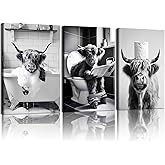 3pcs Funny Bathroom Canvas Wall Art Highland Cattle Wall Decor Paintings Black and White Animal Pictures Reading Newspaper Print Posters Rustic Vintage Farmhouse Bathroom and Toilet Decor 12X16 Inch