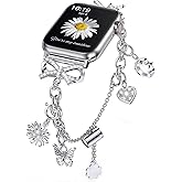 Minyee Compatible with Apple Watch Band 41/40/38/44/45/46/49/42mm Women, Dressy Stainless Steel Metal Diamond Bling Jewelry Bracelet with Cute Charm for iWatch Series 11 10 9 8 7 6 5 4 SE/Ultra 3 2 1