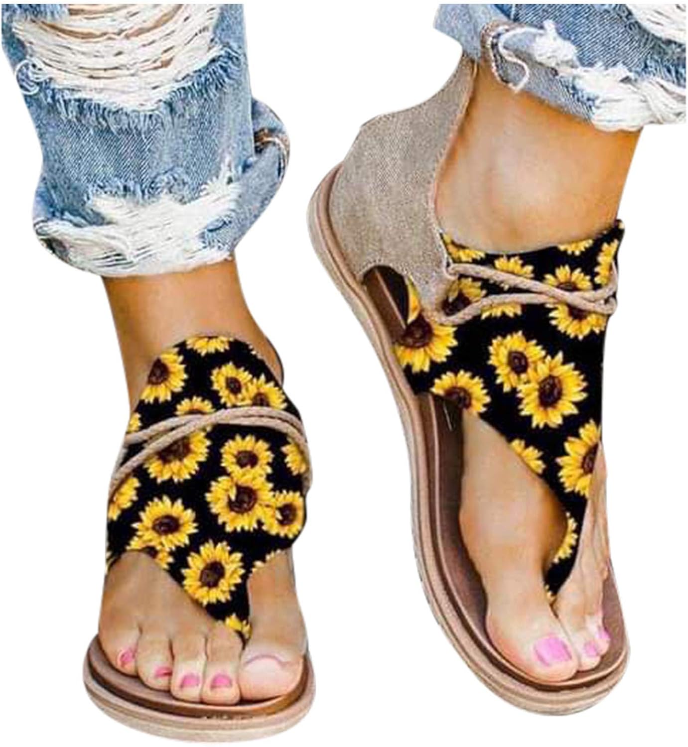 Kanzd Sandals for Women Daisy Flower Patten Casual Flip Flops Flat Strap Sandals Shoes Back 