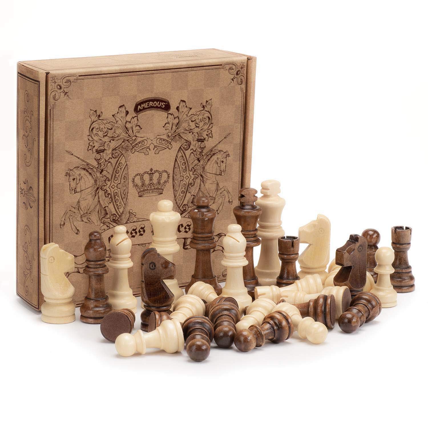 Photo 1 of AMEROUS Wooden Chess Pieces Only, Staunton Style Wood Chessmen with 3.15" King - Storage Bag - Gift Packed Box, Tournament Chess Game Pawns for Replacement of Missing Pieces