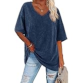 Flowyair Womens Oversized T Shirts Summer Loose Fit Cotton Short Sleeve Basic Tees Casual V Neck Boyfriend Tunic Tops Washed Blue