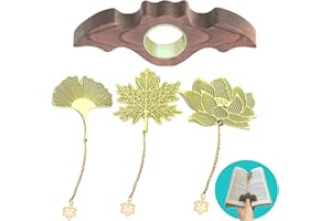 JNOMOW 4 Pieces Bookmarks，Handmade Thumb Wooden Walnut Book Page Holder with Golden Ring，Bat Wing Design，3 Pieces Metal Bookmarks with Chain，Golden Hollow Design, Book Reading Accessories (Large)