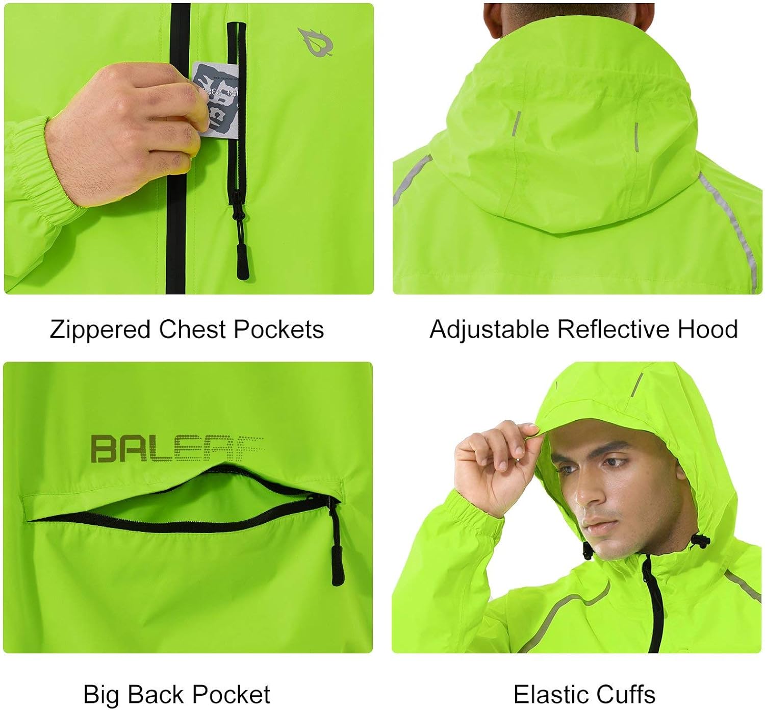 BALEAF Men's Cycling Running Jacket Waterproof Reflective Lightweight Windbreaker Windproof Bike Jacket Hooded Fluorescent Yellow Size M: Clothing