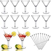 Hushee 24 Pcs Martini Glasses and Cocktail Picks, 12 Reusable/disposable Cocktail Glasses Shatterproof Acrylic Martini Cups (9oz) 12 Stainless Steel Picks for Home Outdoor Poolside Bar Party Camping