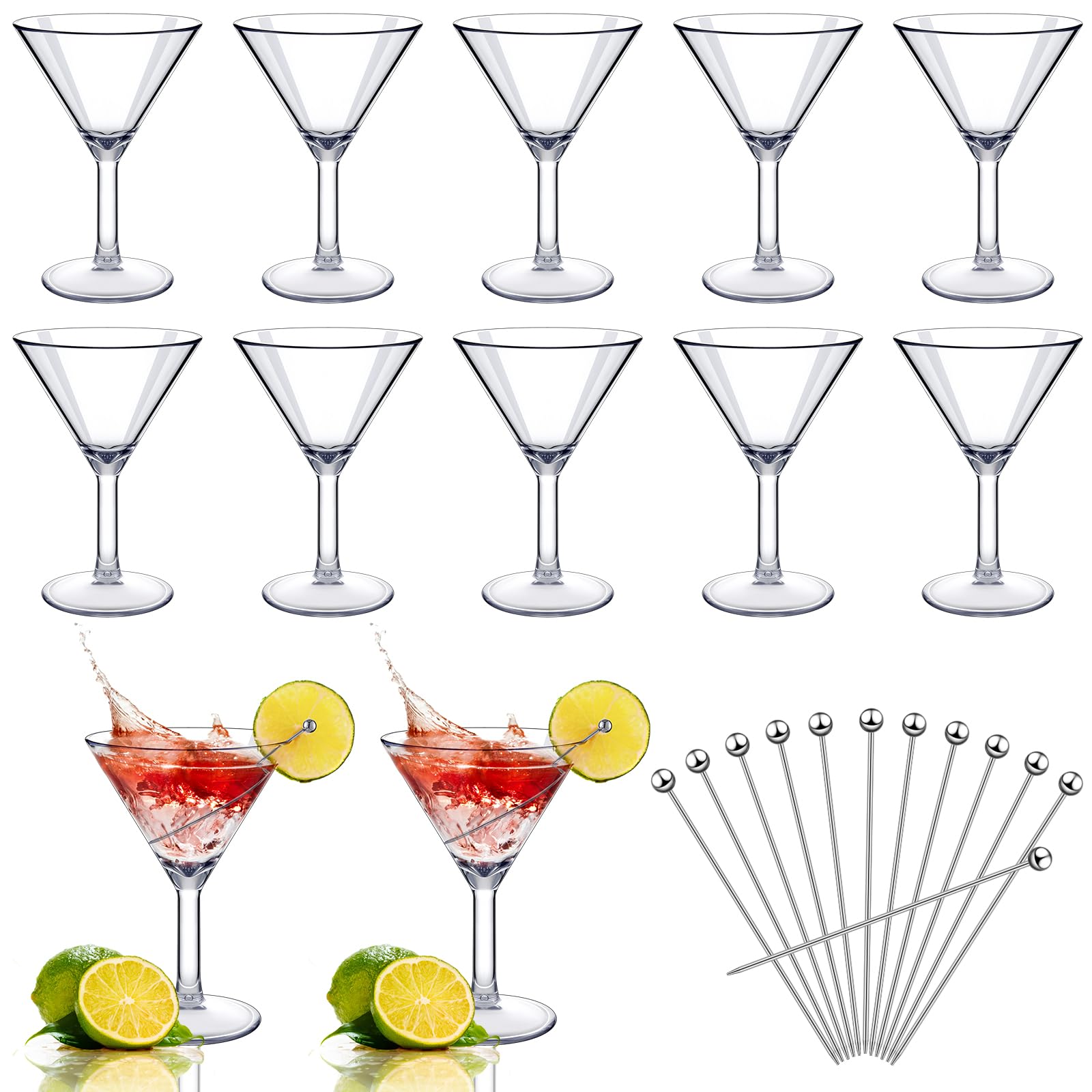 Photo 1 of Hushee 24 Pcs Martini Glasses and Cocktail Picks, 12 Reusable Cocktail Glasses Shatterproof Acrylic Martini Cups (9oz) 12 Stainless Steel Picks for Home Outdoor Poolside Bar Party Camping