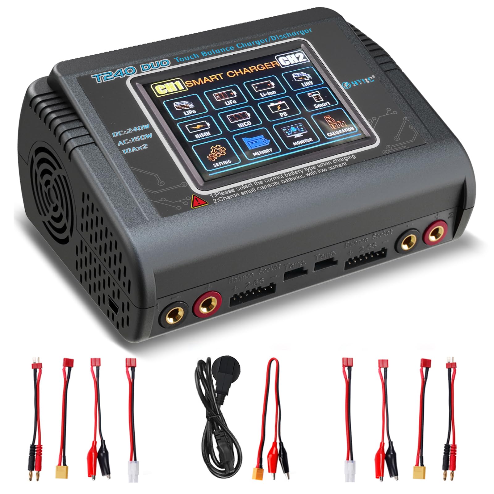 HTRC T240 DUO Lipo Battery RC Balance Charger/Discharger for Lilon LiPo LiFe LiHV NiCd NiMH PB Smart Battery Touch Screen Dual Channels Charger AC 150W / DC 240W 10A