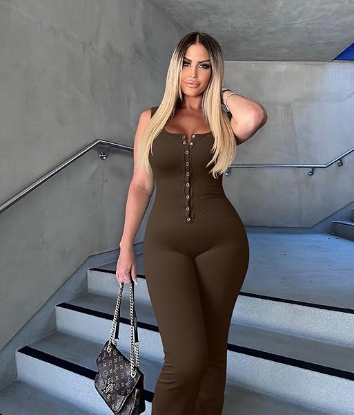 OQQ JUMPSUITS FOR WOMEN RIBBED SQUARE NECK SLEEVELESS SEXY STRETCH FLARE JUMPSUITS DARKBROWN