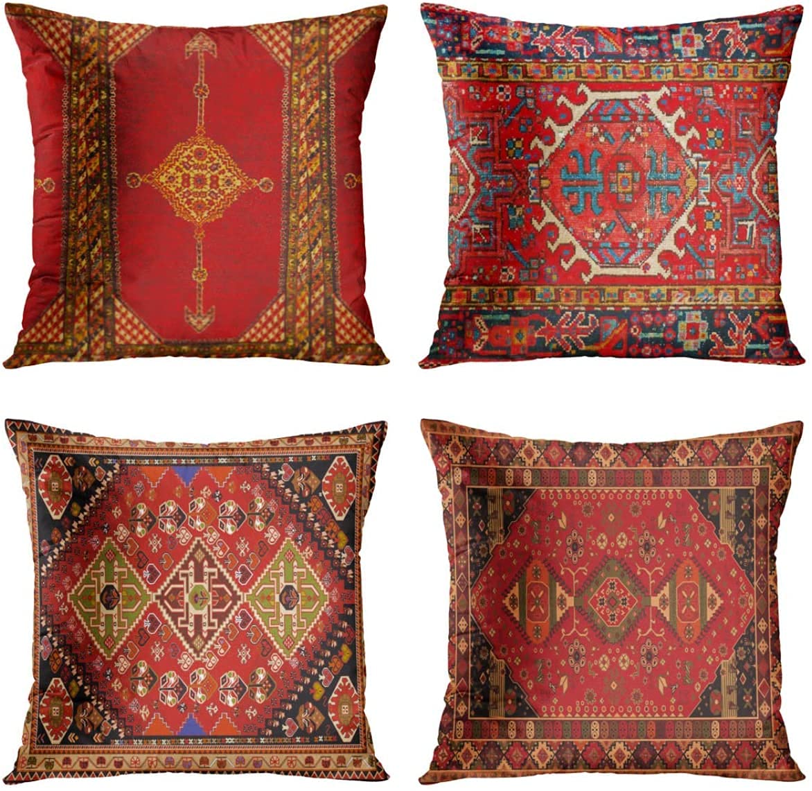 Awowee Set of 4 Cushion Covers 50x50cm/20x20inches Colorful Red Tribal Home Decor Throw Pillow Covers Square Pillowcases for Bed Sofa Couch