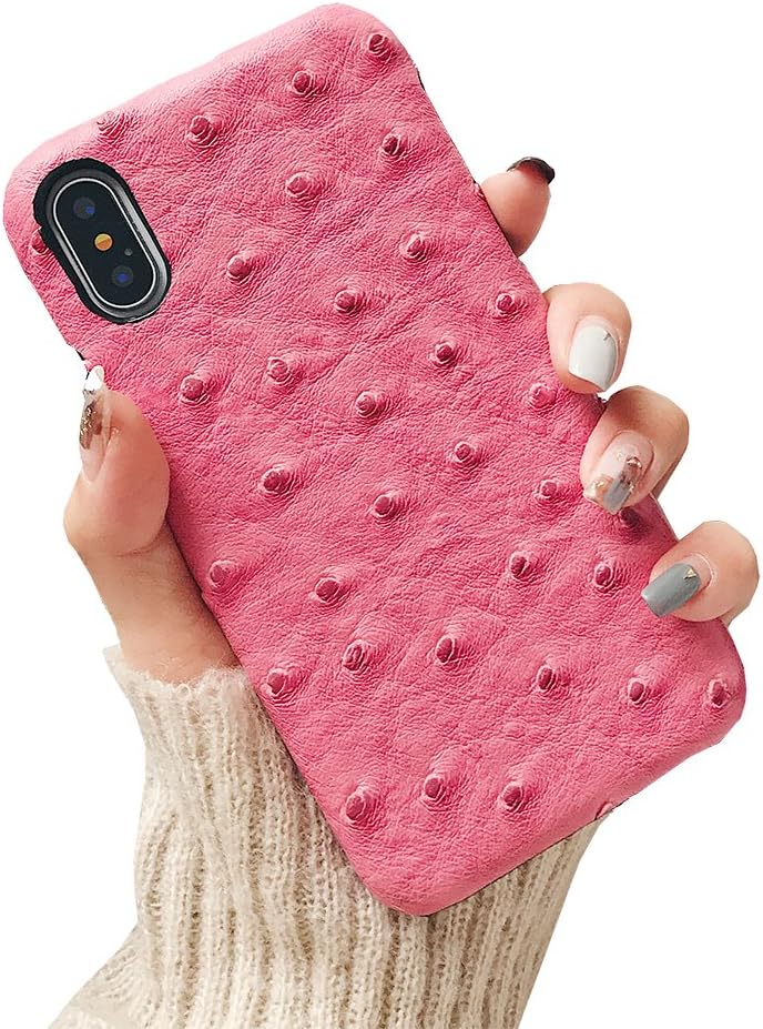 YonMeet Luxury Ostrich Grain Pattern Phone Case for iPhone X 10 Retro Geniune Leather Hard PC Back Cover (Pink)
